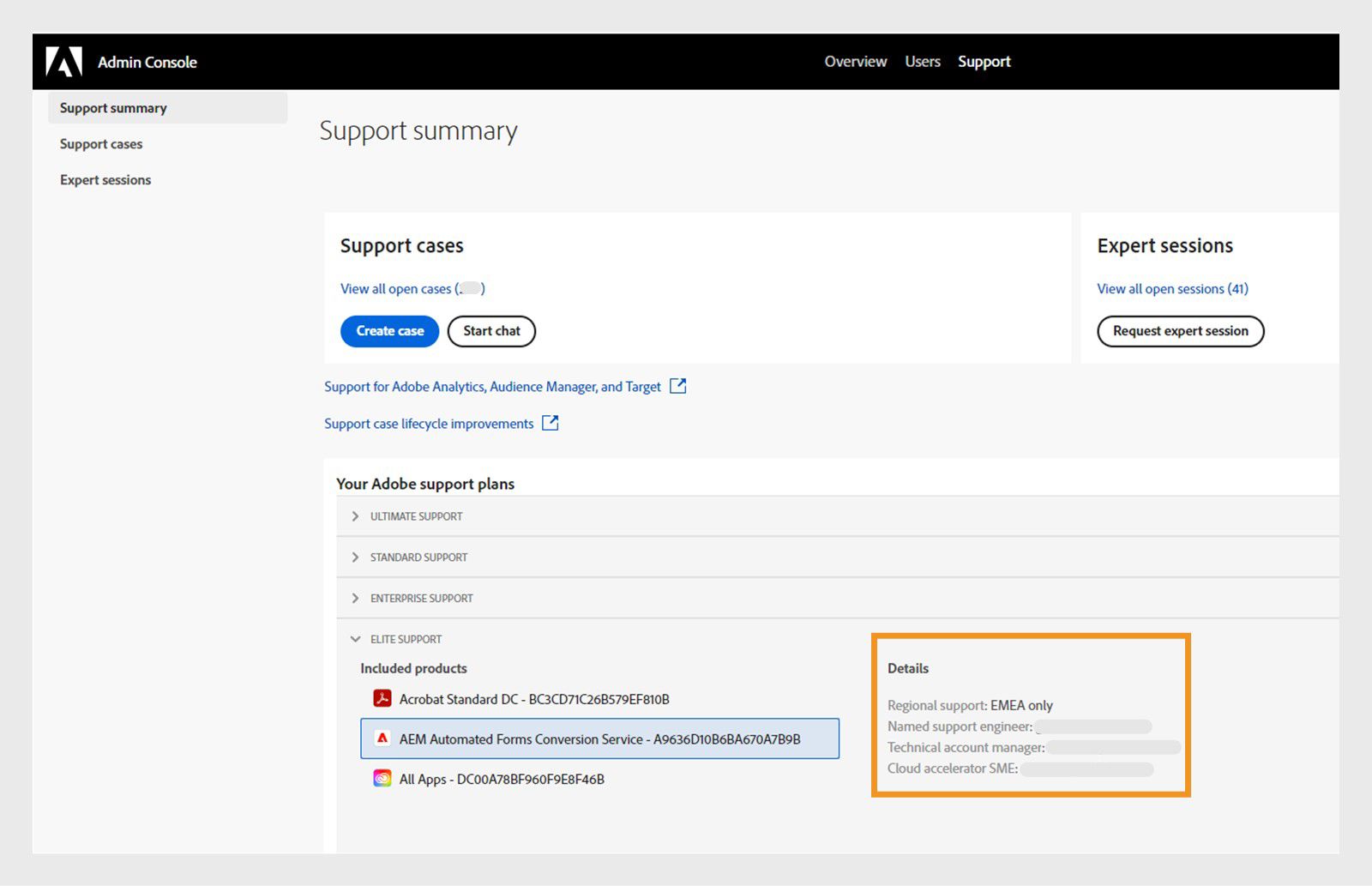 Fanen Support i Admin Console med en supportplan og et valgt produkt for at vise de relevante kontaktoplysninger.