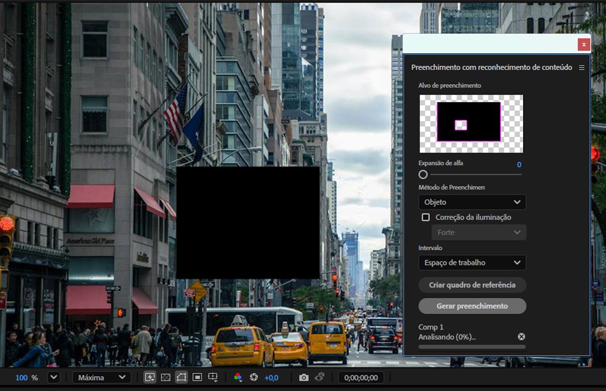 Uma imagem de pássaros no painel Composição com uma máscara aplicada e a caixa de diálogo Preenchimento sensível ao conteúdo aberta com opções para definir as configurações.