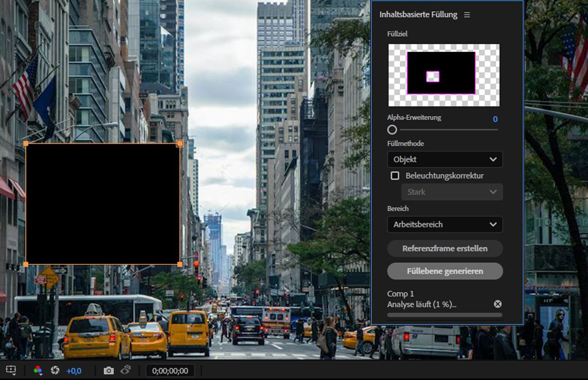 Ein Vogelbild befindet sich im Bedienfeld „Komposition“, eine Maske ist darauf angewendet. Das Dialogfeld „Inhaltsbasierte Füllung“ mit Optionen zur Konfiguration der Einstellungen ist geöffnet.
