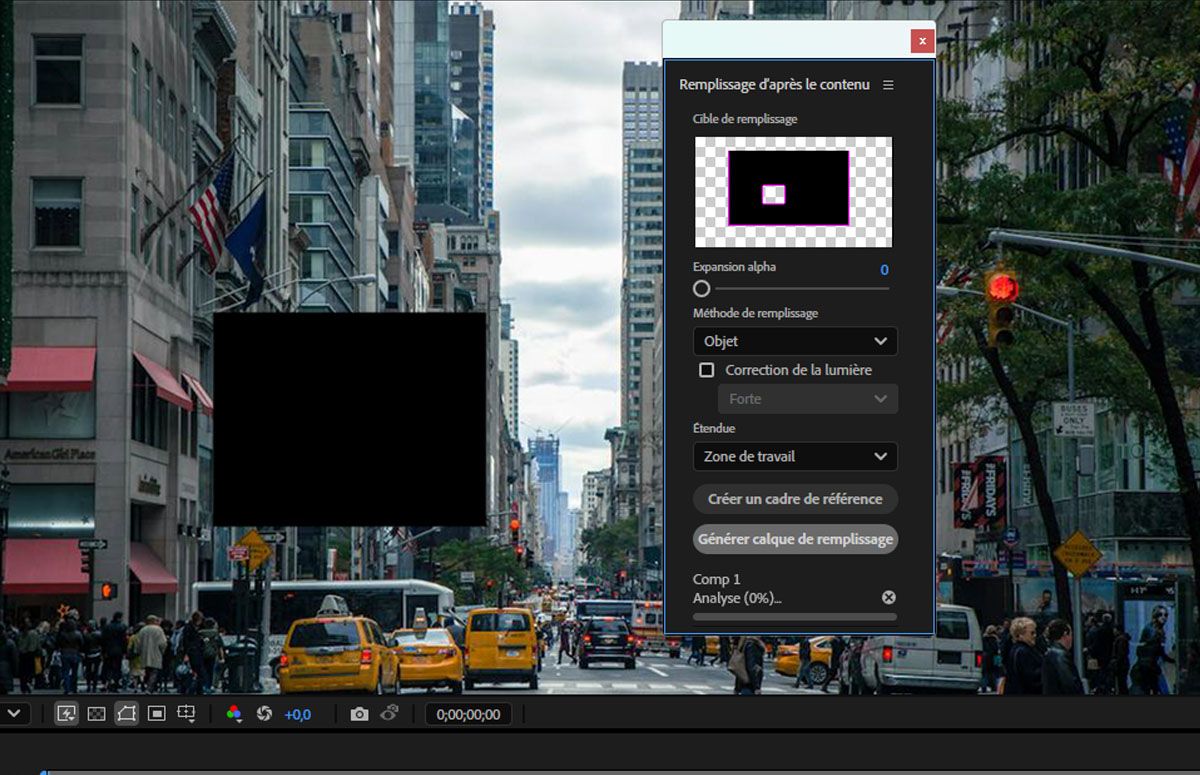 Une image d’oiseaux apparaît dans le panneau Composition avec un masque appliqué. La boîte de dialogue Remplissage d’après le contenu est ouverte avec les options de configuration des paramètres.