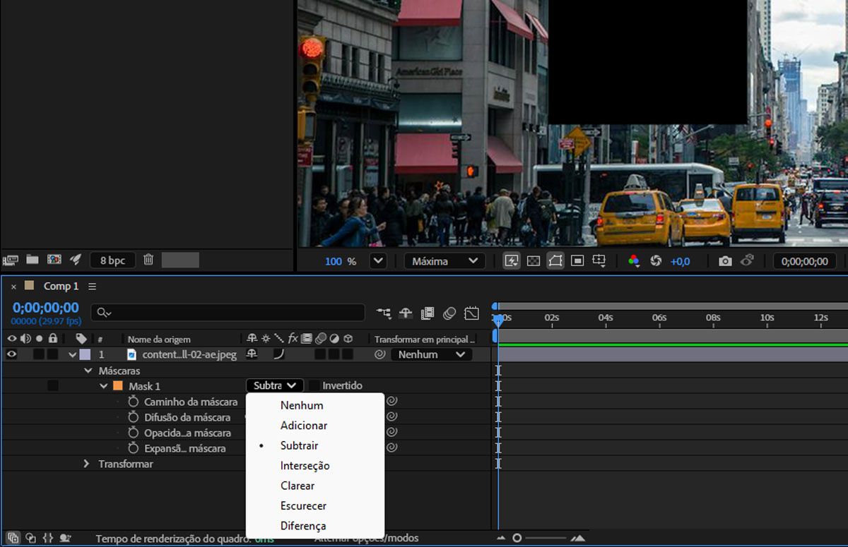 A imagem com uma máscara e, sob a opção Máscara, Subtrair está selecionado.