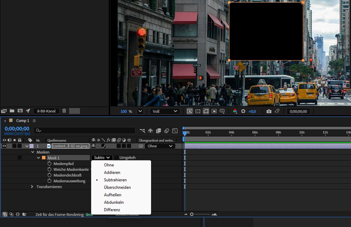 Das Bild hat eine Maske und unter der Option „Maske“ ist „Subtrahieren“ ausgewählt.
