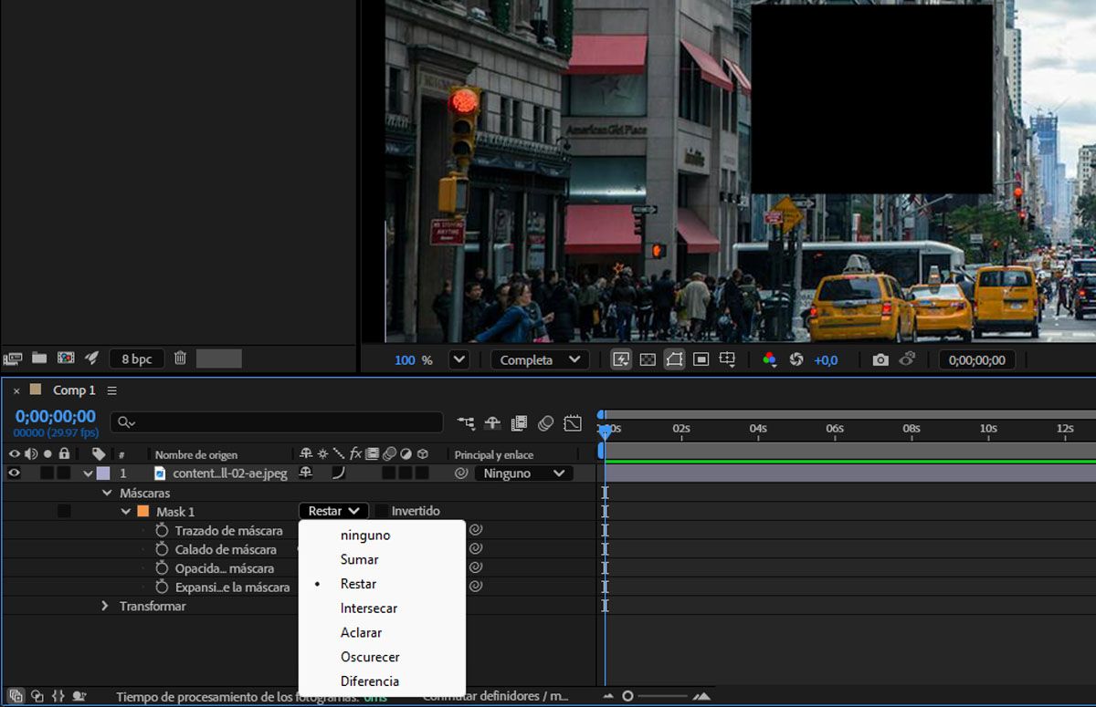 La imagen tiene una máscara y, bajo la opción Máscara, se ha seleccionado Restar.