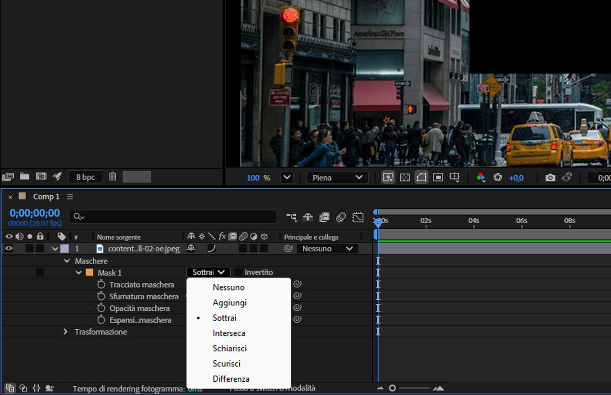 All’immagine è associata una maschera e, sotto l’opzione Maschera, è selezionata la funzione Sottrai.
