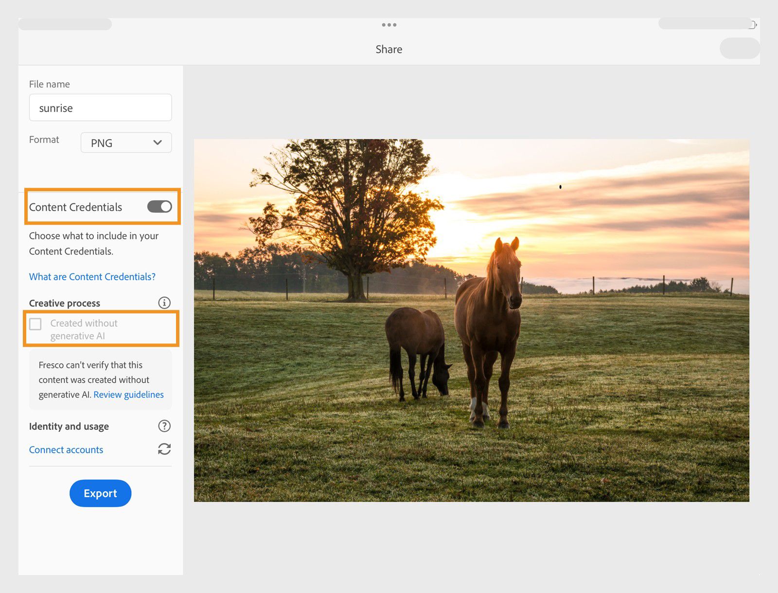 Share screen is showing file name, image format, Content Credentials toggle, Created without generative AI option, and artwork preview.