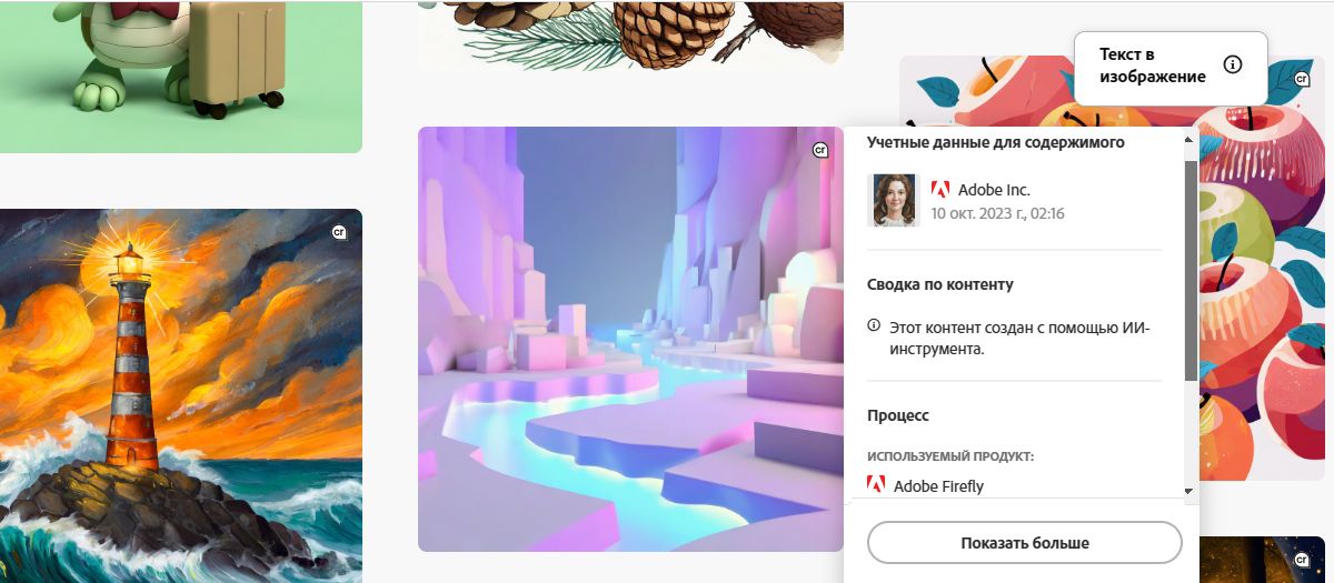 Галерея изображений, сгенерированных с помощью функции «Текст в изображение» в Adobe Firefly с выделенным значком информации
