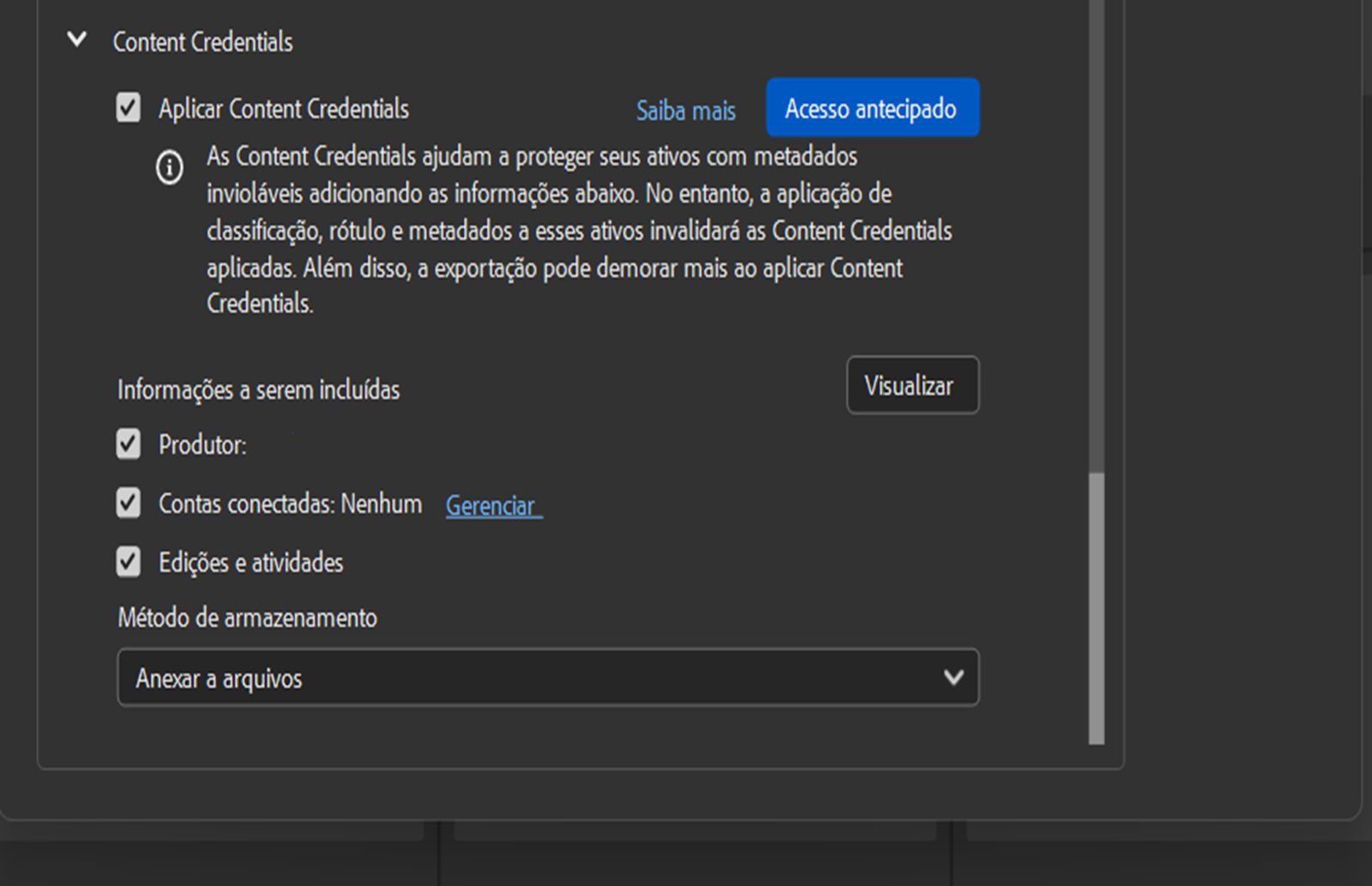 As configurações de Content Credentials são exibidas, e a partir delas, o usuário tem a opção de aplicar as Content Credentials e selecionar as informações a serem incluídas, como Produtor, Conta conectada e Métodos de armazenamento.