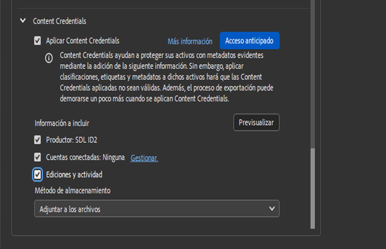 Se muestran las configuraciones de Content Credentials en las que el usuario tiene la opción de aplicar Content Credentials y seleccionar la información que desea incluir, como el productor, la cuenta conectada y los métodos de almacenamiento.