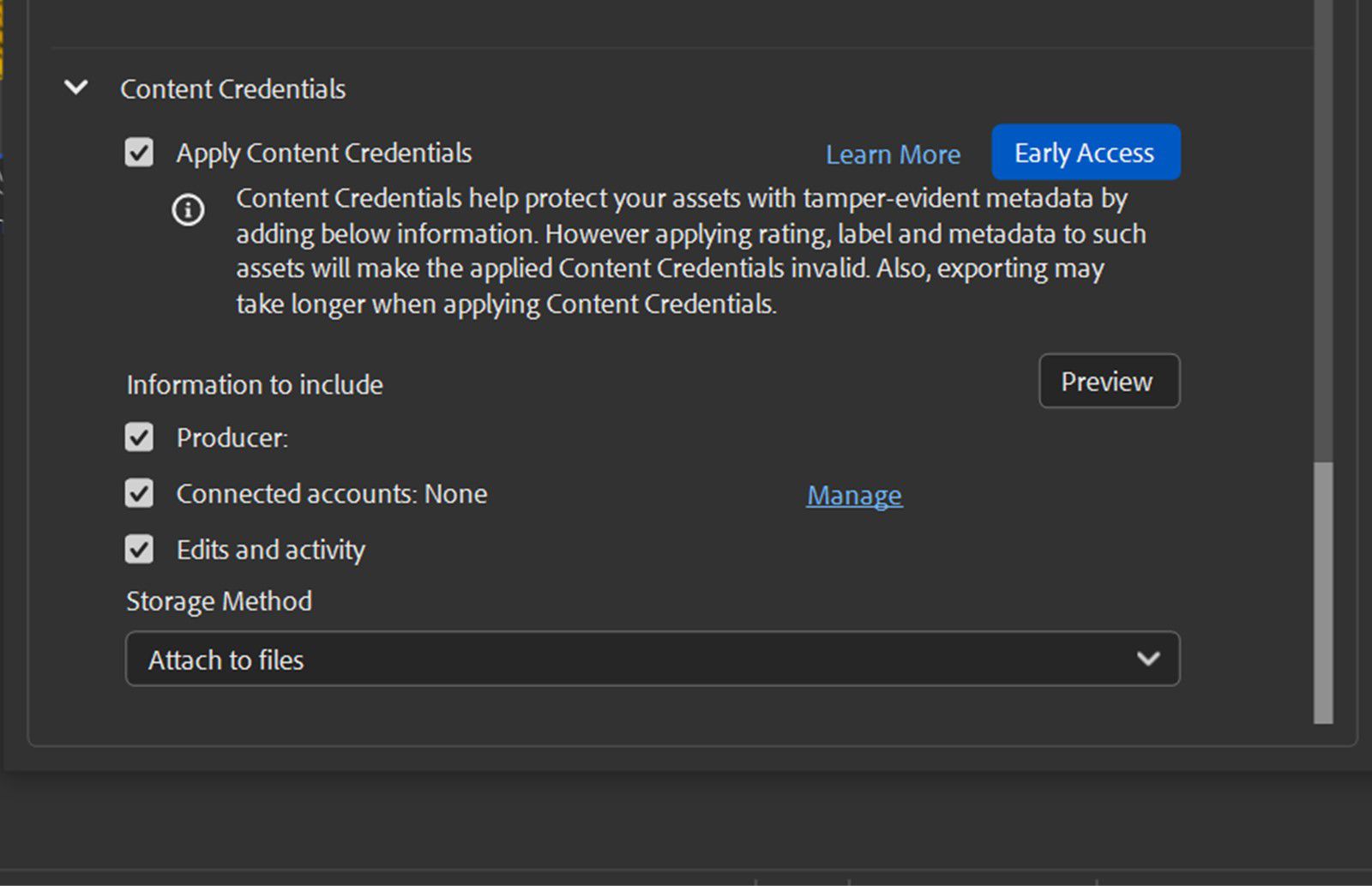 Content Credentials configurations are displayed wherein the user has the option to apply Content Credentials, and select the Information to Include like Producer, Connected Account, and Storage Methods.