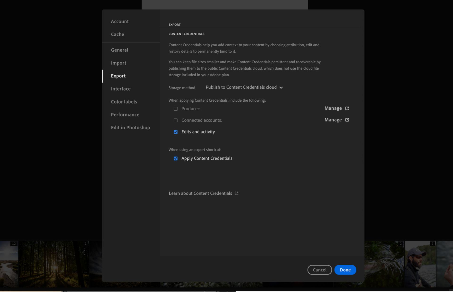 the preferences settings in Lightroom with Export options selected.