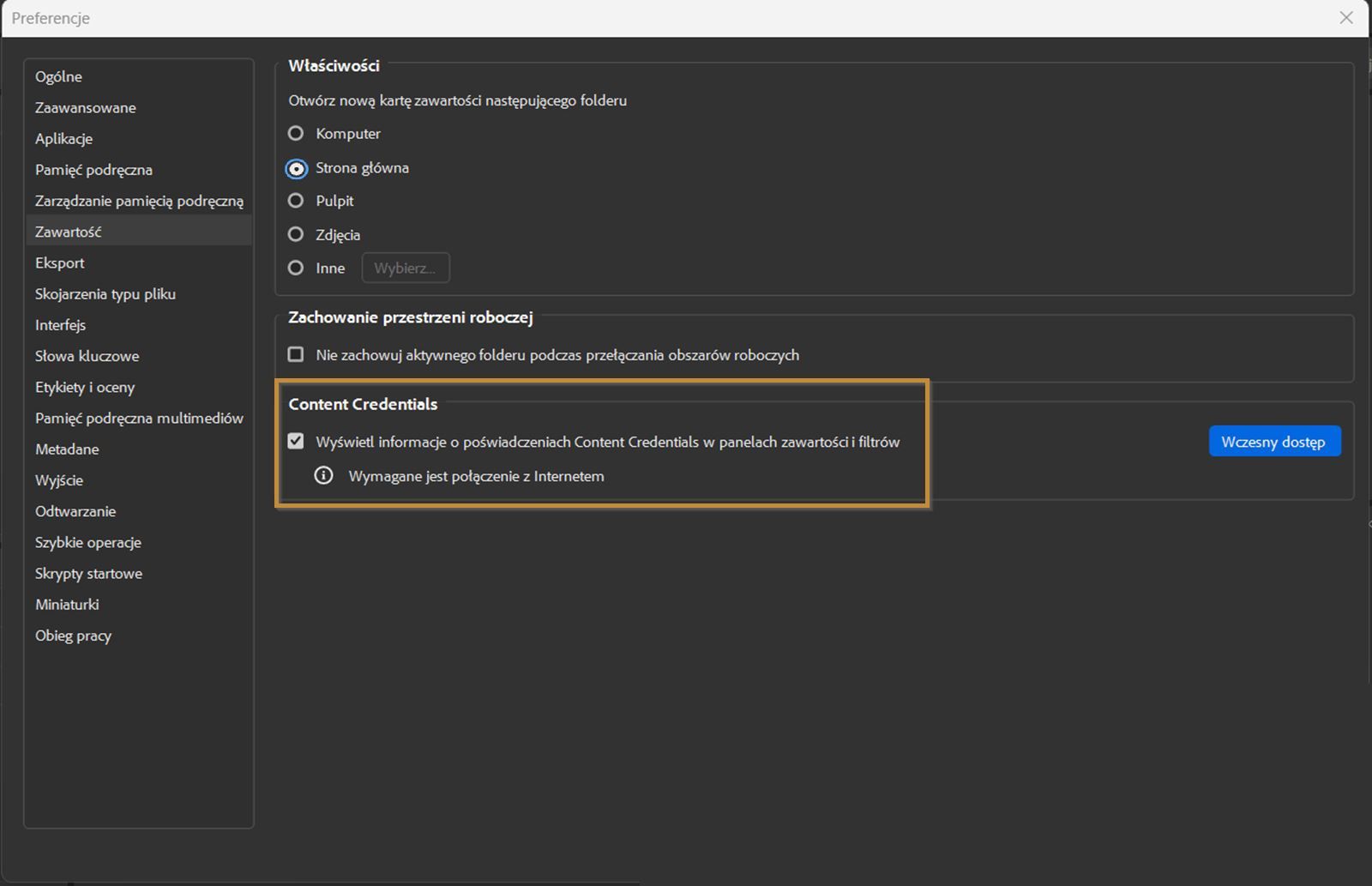 Na ekranie zostanie wyświetlone okno dialogowe Preferencje z opcjami Właściwości, Zachowanie przestrzeni roboczej i Ustawienia poświadczeń Content Credentials.