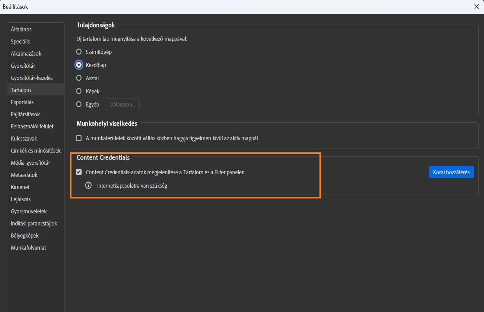 A képernyőn a Beállítások párbeszédpanel látható, amely a Tulajdonságokat, a Munkaterület viselkedését és a Content Credentials-adatok beállításait mutatja.