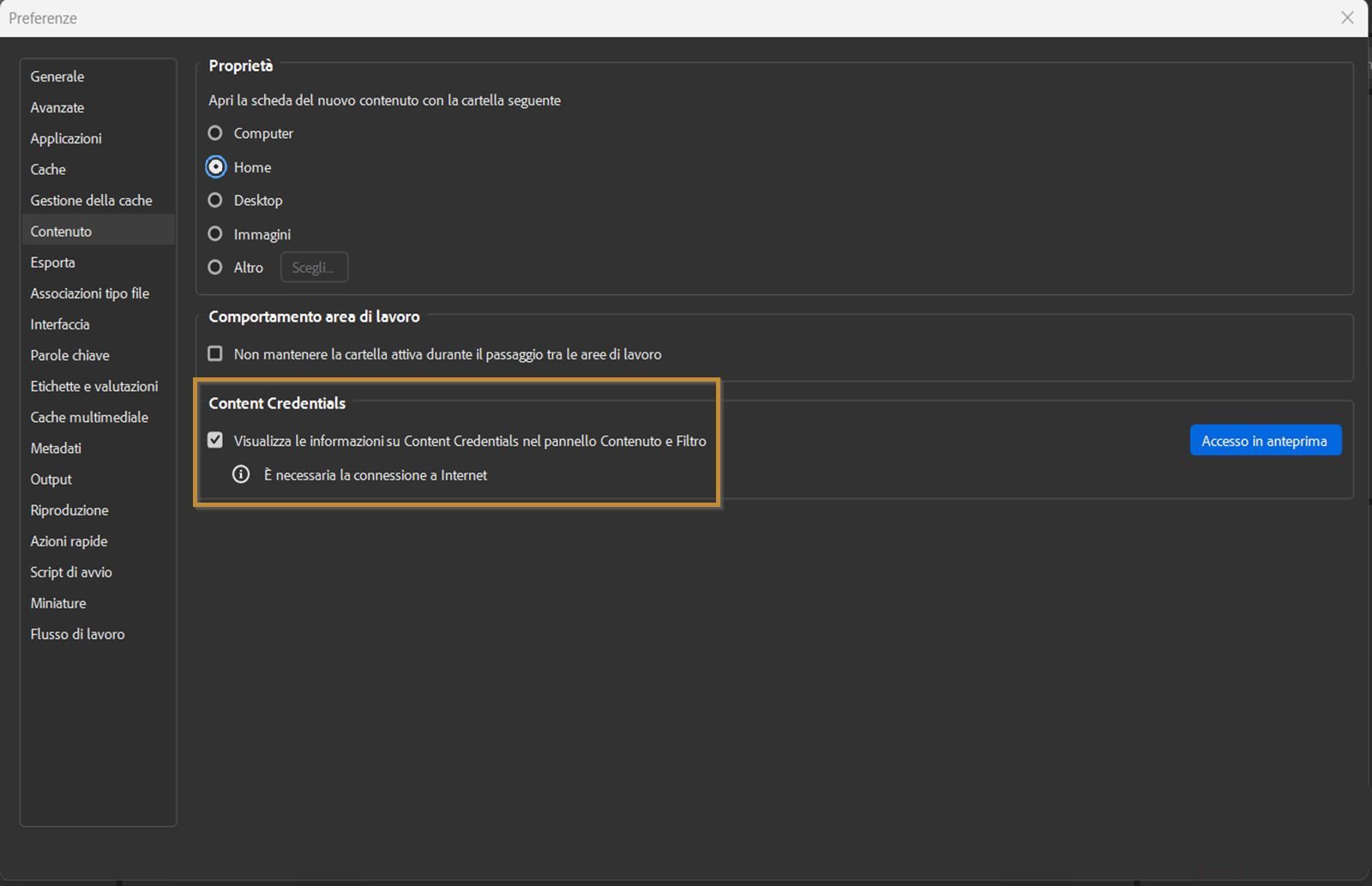 Sullo schermo viene visualizzata la finestra di dialogo Preferenze che mostra le proprietà, il comportamento dell’area di lavoro e le impostazioni di Content Credentials.