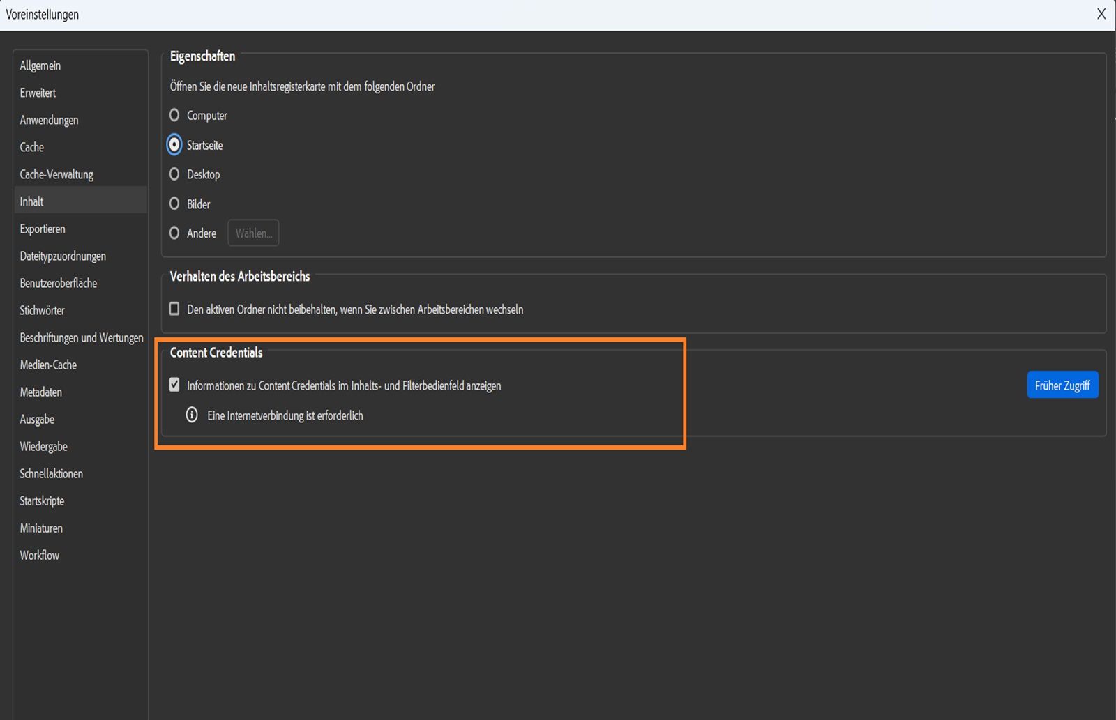 Das Dialogfeld „Voreinstellungen“ wird auf dem Bildschirm angezeigt und zeigt die Eigenschaften, das Workspace-Verhalten und Content Credentials-Einstellungen.