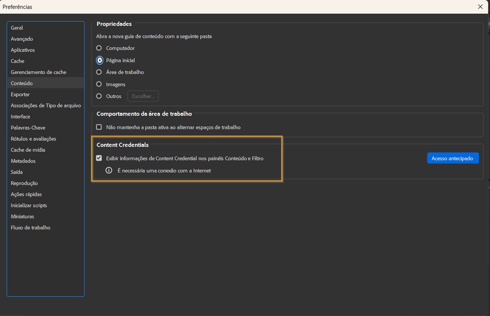 A caixa de diálogo Preferências é exibida na tela mostrando as configurações Propriedades, Comportamento do espaço de trabalho e Content Credentials.
