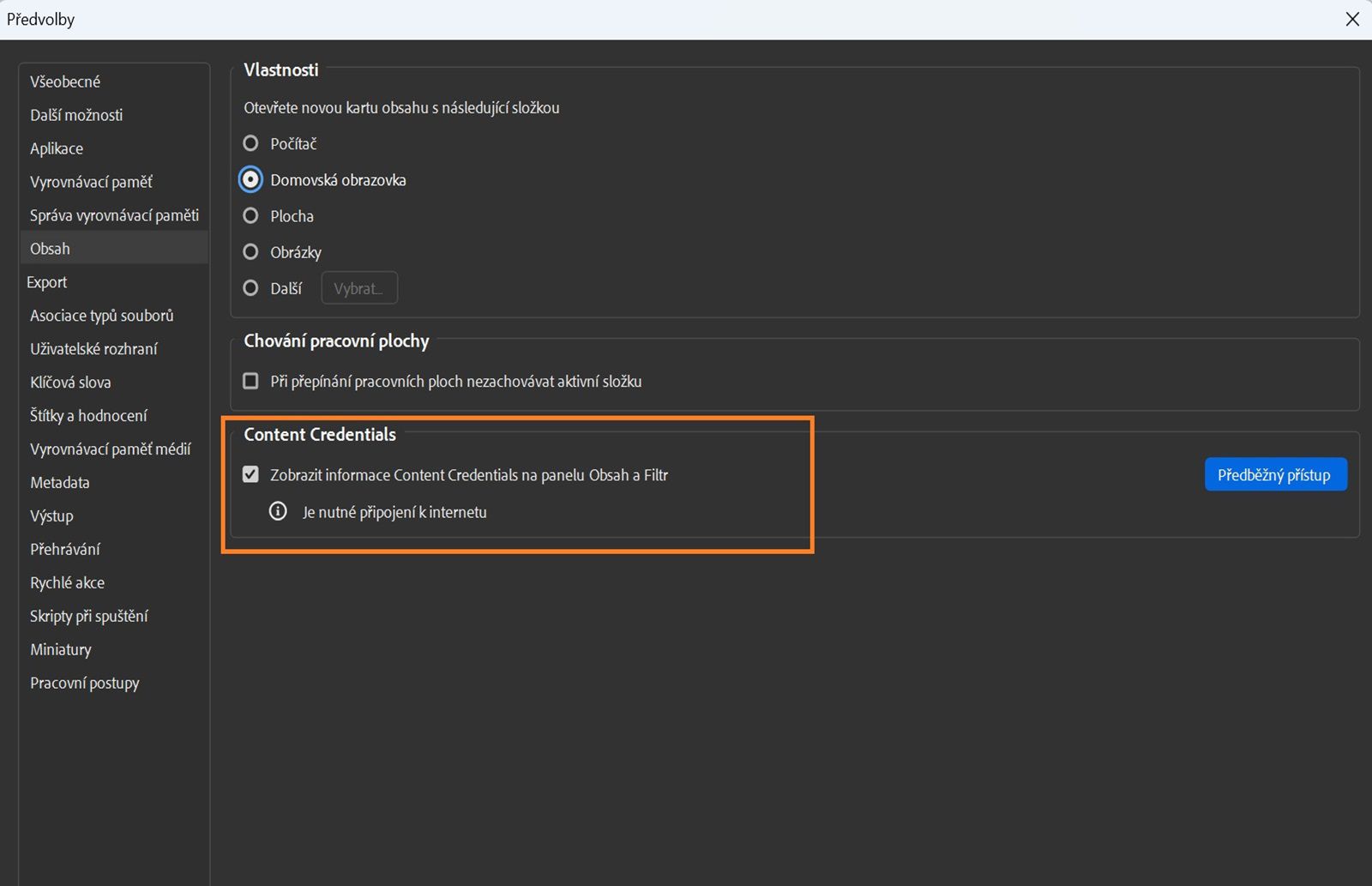 Na obrazovce je zobrazeno dialogové okno Předvolby zobrazující vlastnosti, chování pracovního prostoru a nastavení Content Credentials.