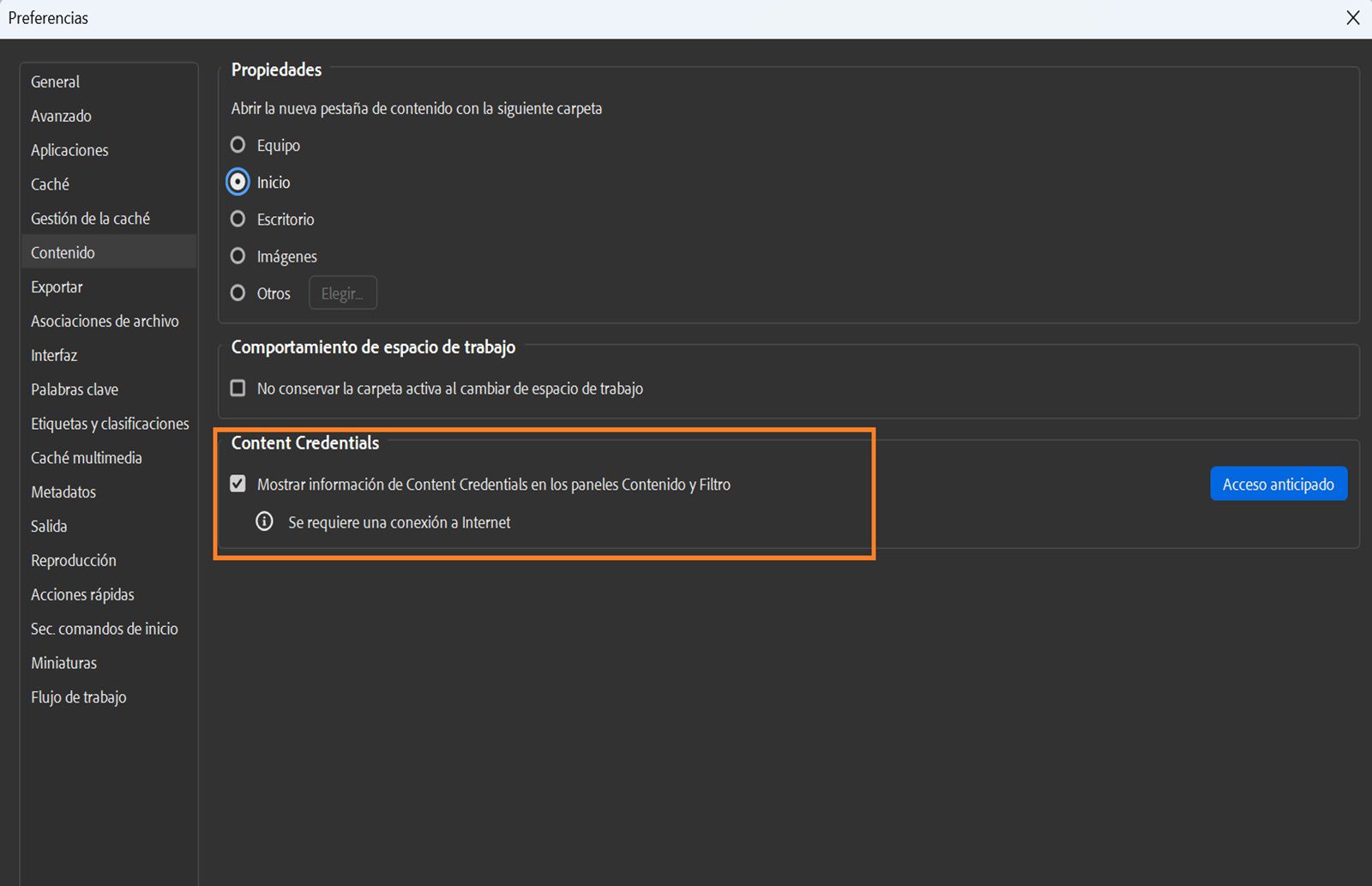 El cuadro de diálogo Preferencias se muestra en la pantalla, donde se muestran el panel Propiedades, el comportamiento de Espacio de trabajo y los ajustes de Content Credentials.