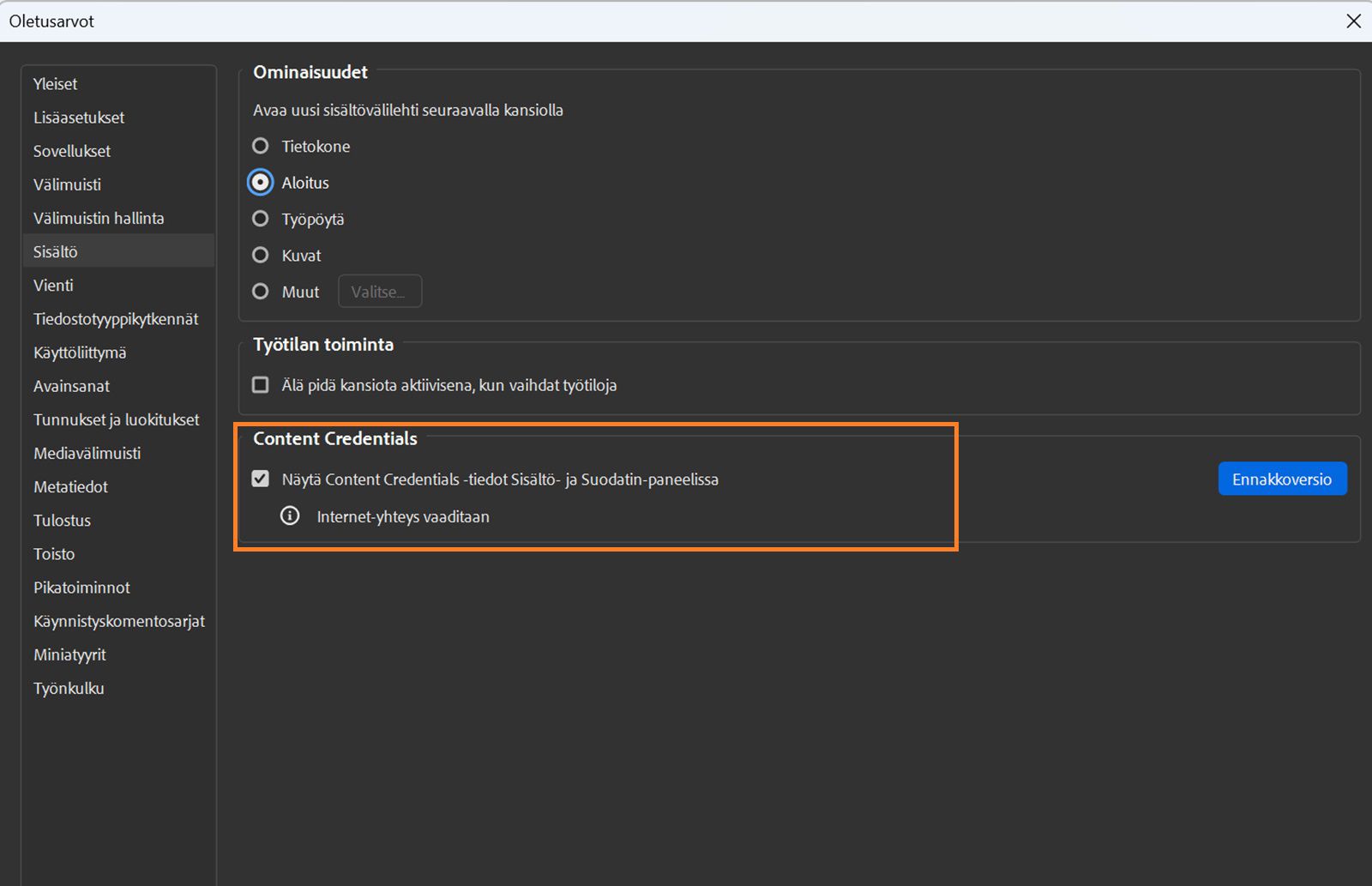 Näytössä on Asetukset-valintaikkuna, jossa näkyy Ominaisuudet, Workspace-toiminta ja Content Credentials -asetukset.