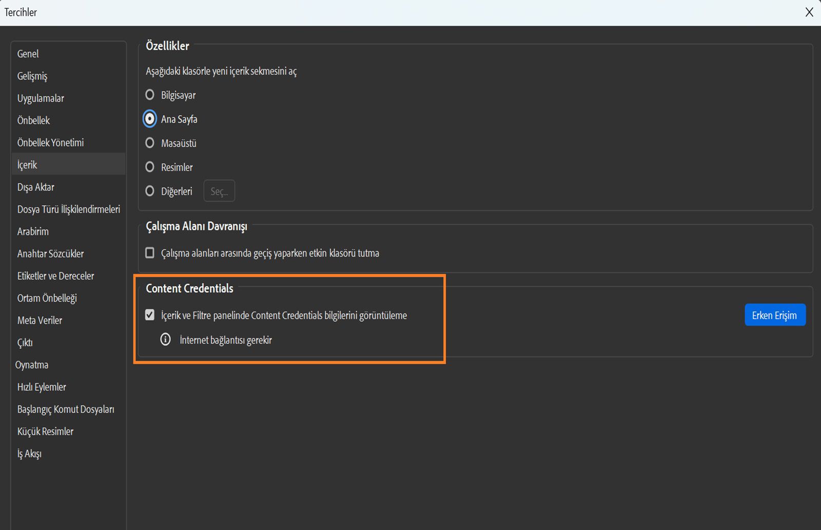 Ekranda yer alan Tercihler iletişim kutusu Özellikler, Çalışma Alanı Davranışı ve Content Credentials ayarlarını gösteriyor.