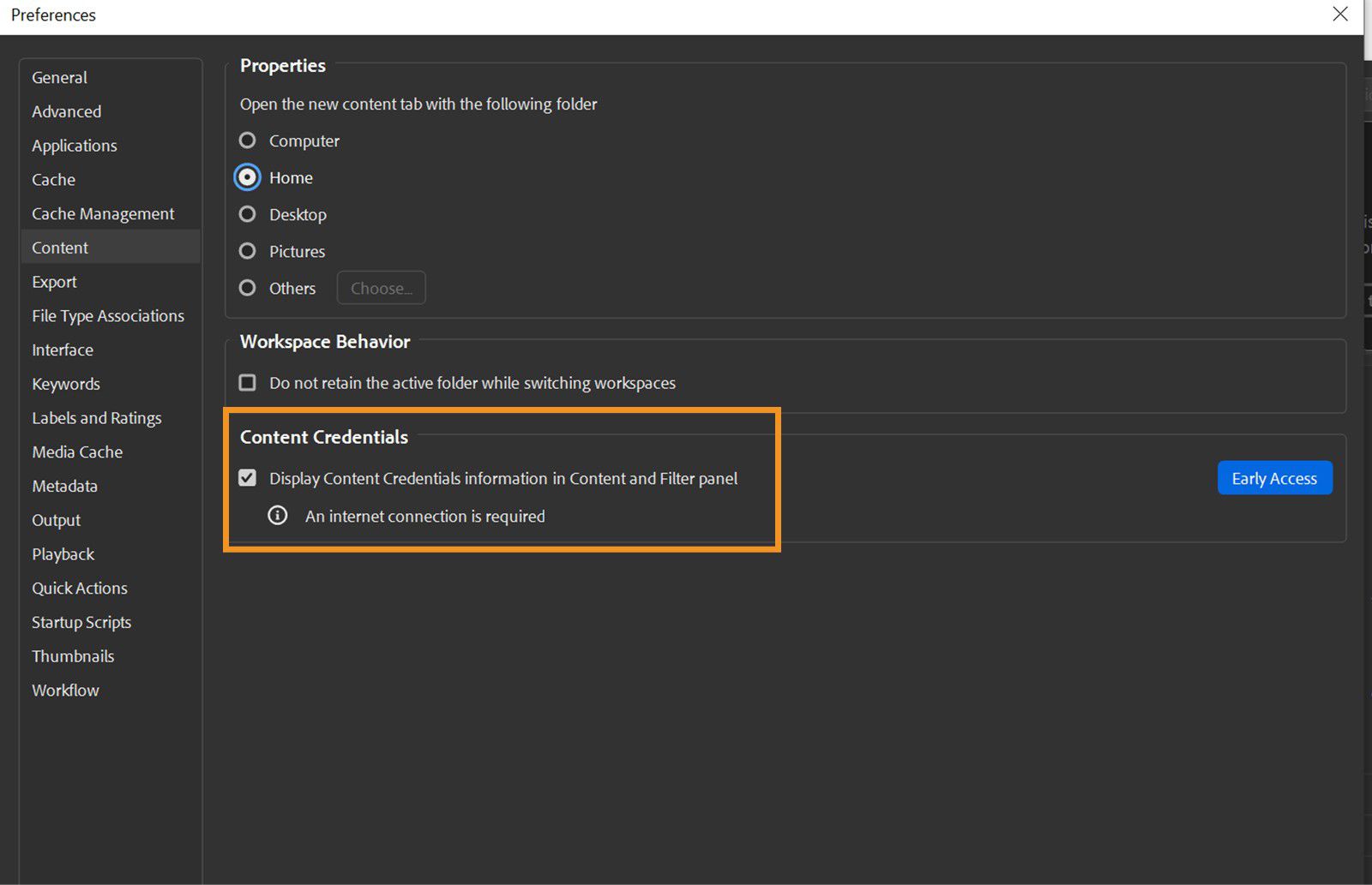 Preferences dialog box is shown on screen showcasing Properties, Workspace behavior, and Content Credentials settings.