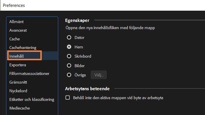 Inställningar för innehåll