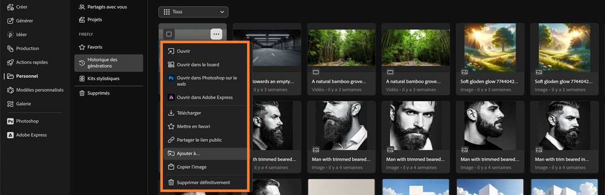 L’onglet Historique des générations affiche le menu contextuel d’un fichier avec les options pour ouvrir, ouvrir dans Boards, télécharger, partager ou ajouter à.