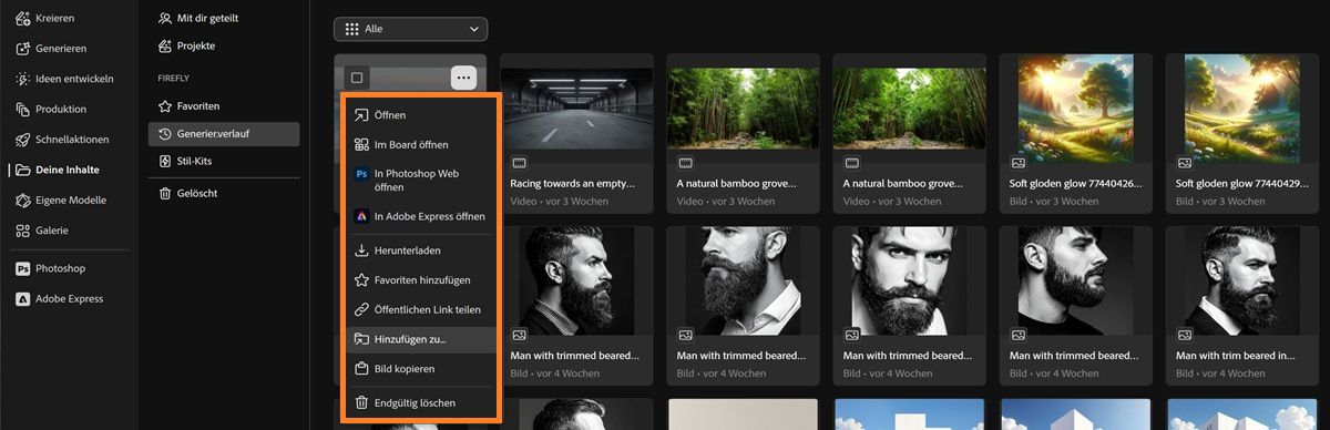 Der Generierungsverlauf-Tab zeigt ein Datei-Kontextmenü mit Optionen zum Öffnen, in Boards öffnen, Herunterladen, Freigeben oder Hinzufügen zu.