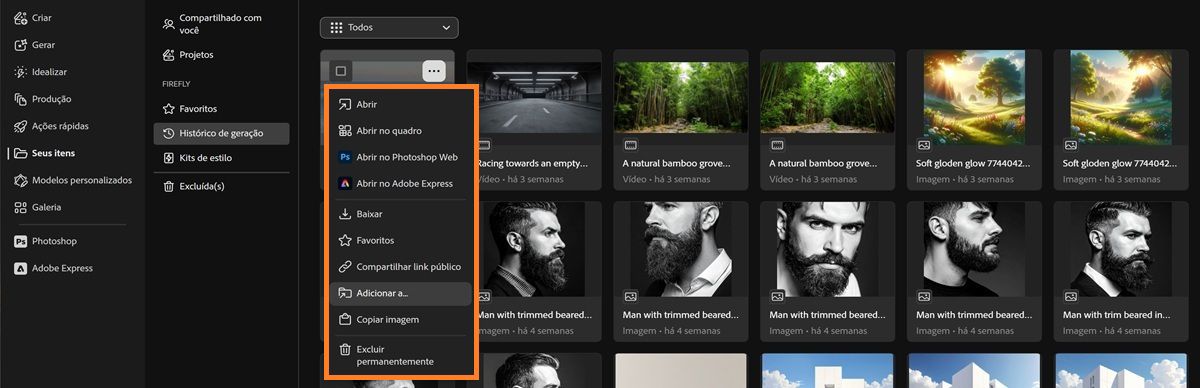 A guia Histórico de geração mostra o menu de contexto de um arquivo com opções para abrir, abrir em quadros, fazer download, compartilhar ou adicionar ao.