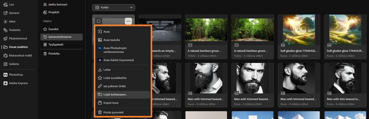 Generointihistoria-välilehti näyttää tiedoston kontekstivalikon, jossa on vaihtoehdot avata, avata tauluissa, ladata, jakaa tai lisätä kohteeseen.