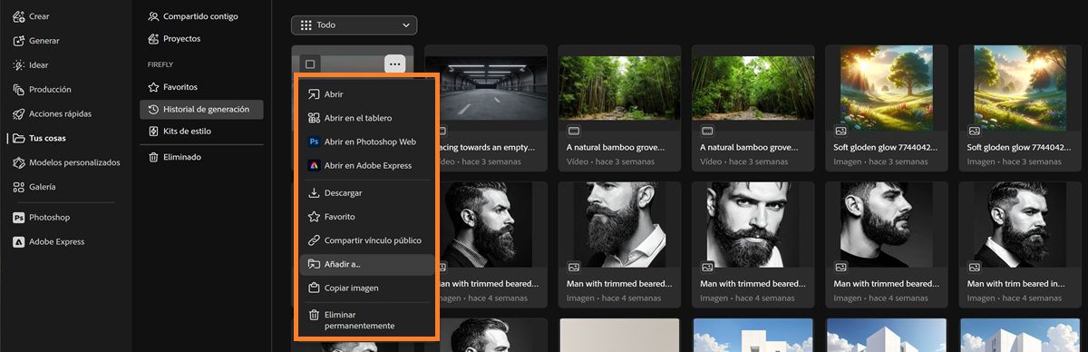 La pestaña Historial de generaciones muestra un menú contextual de archivo con opciones para abrir, abrir en tableros, descargar, compartir o añadir a algún lugar.