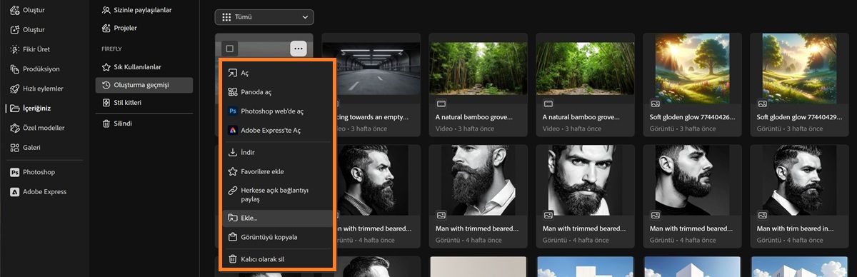 Oluşturma geçmişi sekmesi, açma, panolarda açma, indirme, paylaşma veya ekleme seçenekleriyle bir dosyanın bağlam menüsünü gösterir.