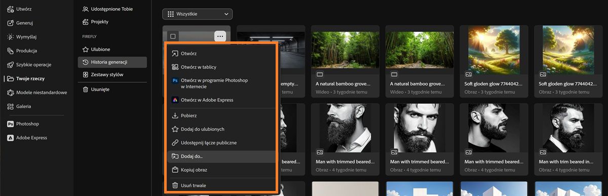 Karta historii generacji pokazuje menu kontekstowe pliku z opcjami otwierania, otwierania na tablicach, pobierania, udostępniania lub dodawania.