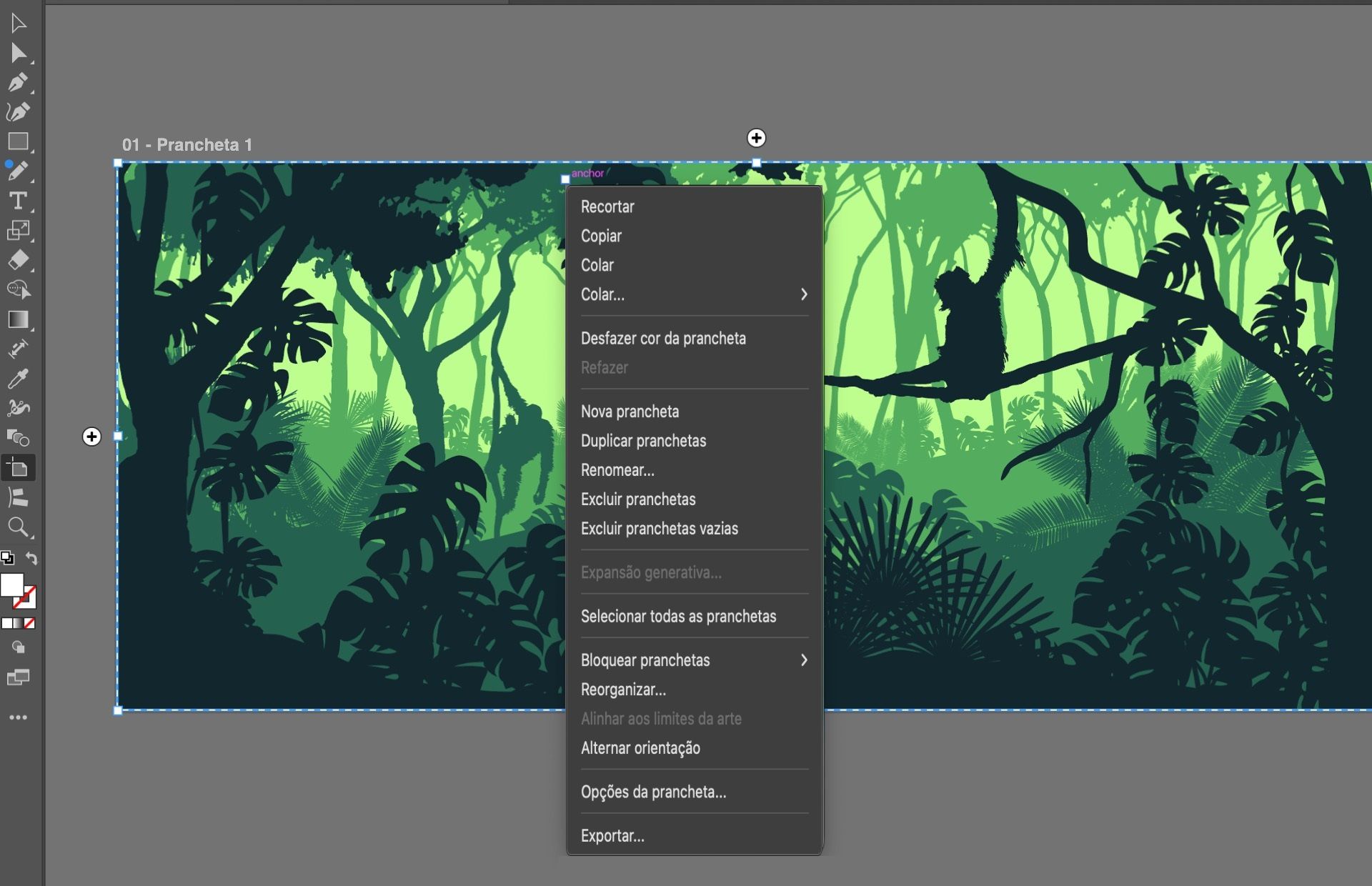 Prancheta do Illustrator com trabalho artístico na selva, mostrando o menu de contexto para opções de prancheta, como nova, duplicada, renomear, bloquear e exportar.
