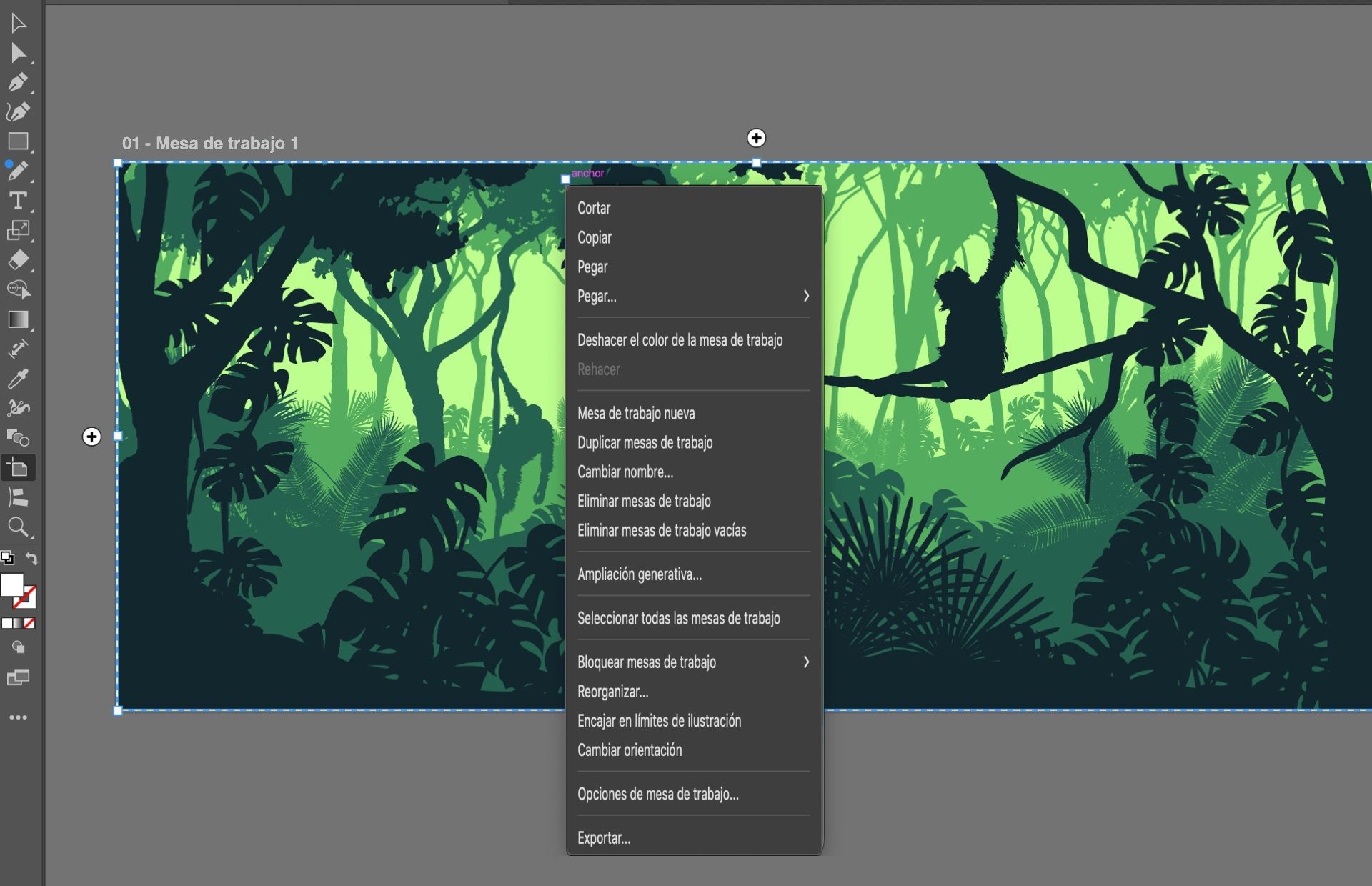 Mesa de trabajo de Illustrator con ilustración de una selva, que muestra el menú contextual para las opciones de la mesa de trabajo como nueva, duplicar, cambiar el nombre, bloquear y exportar.