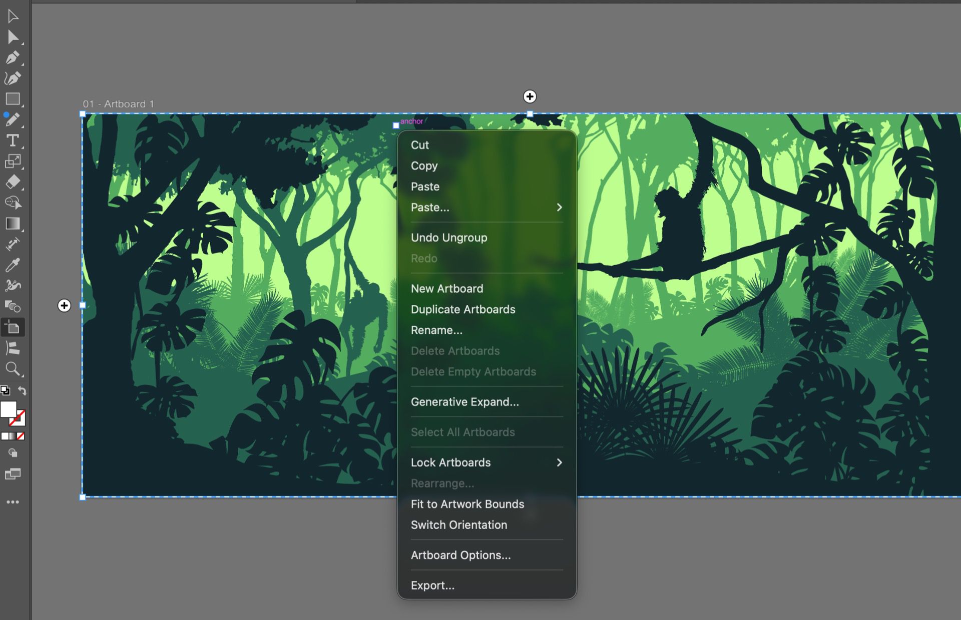 Illustrator artboard with jungle artwork, showing context menu for artboard options like new, duplicate, rename, lock, and export.