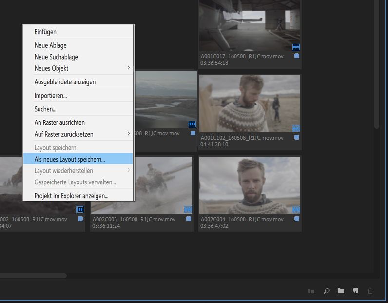 Kontextmenü, um die Anordnung der Clips als Layout zu speichern