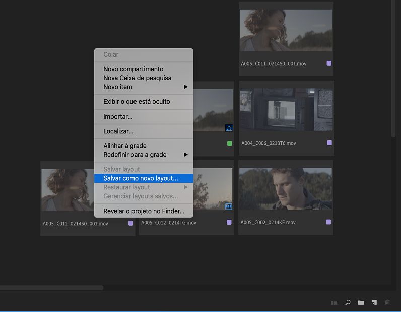 Menu de contexto para salvar sua organização dos clipes como um layout