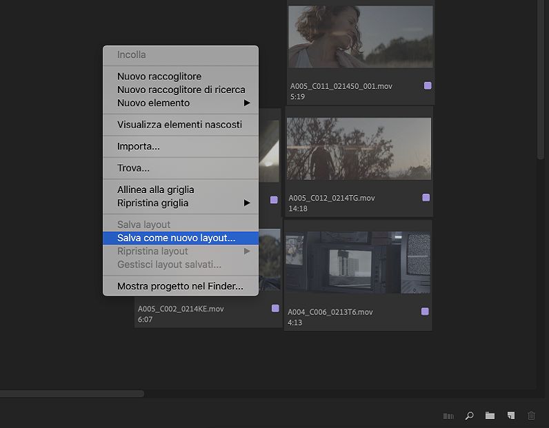 Menu di scelta rapida per salvare le clip come layout