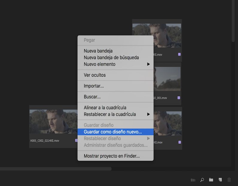 Menú contextual para guardar la disposición de los clips como un diseño