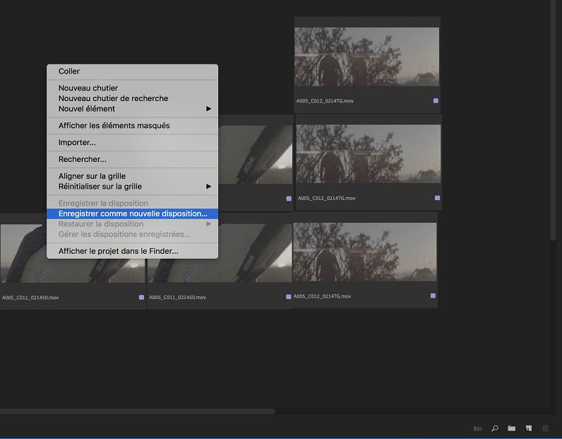 Menu contextuel permettant d’enregistrer l’organisation de vos éléments sous forme de disposition