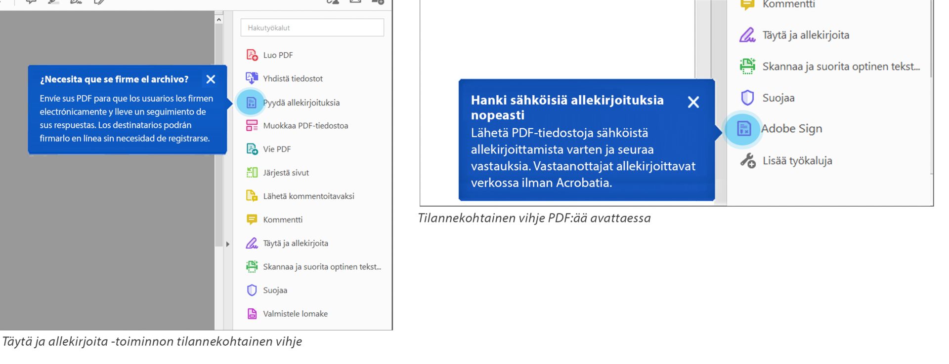 Allekirjoita-työkalun tilannekohtaiset vihjeet