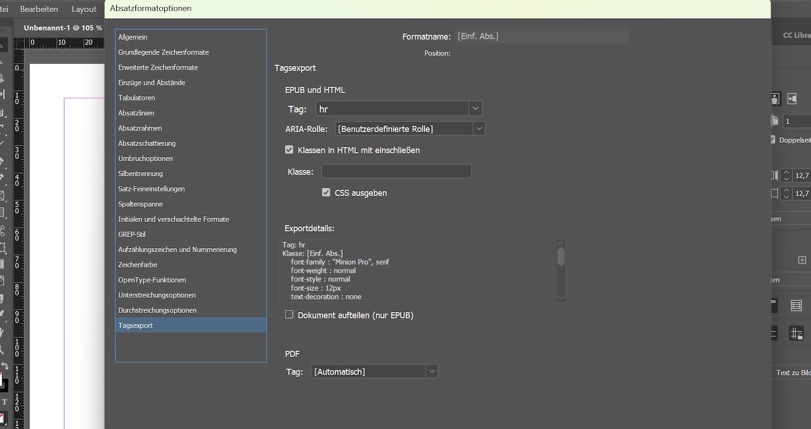 Dialogfeld „Absatzformatoptionen“, das den Tab „Export-Tagging" mit ausgewähltem hr im Tag-Feld unter dem Bereich EPUB und HTML zeigt.