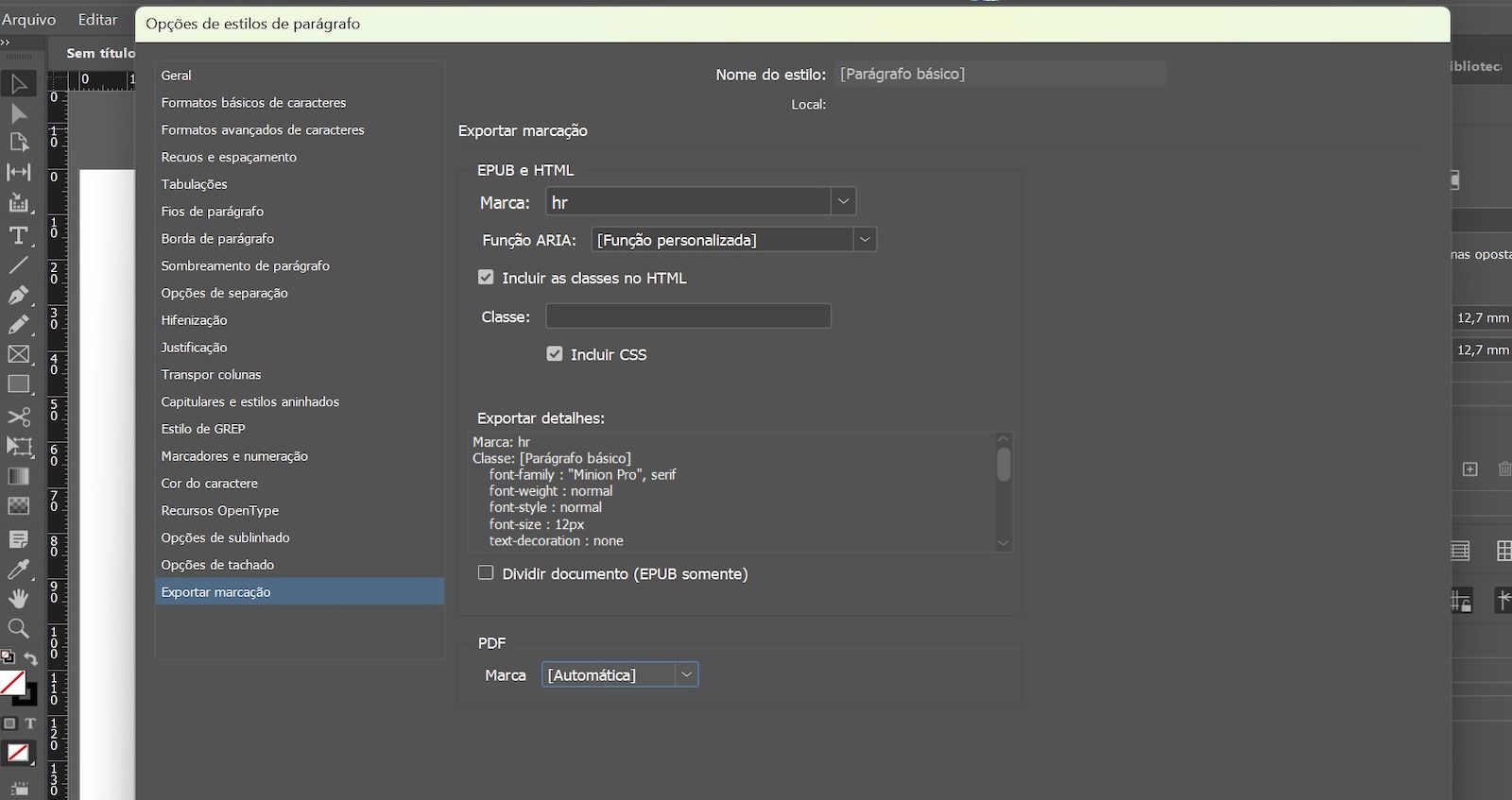 Caixa de diálogo Opções de estilo de parágrafo, mostrando a guia Marcação de exportação com hr selecionado no campo Marcação na seção EPUB e HTML.