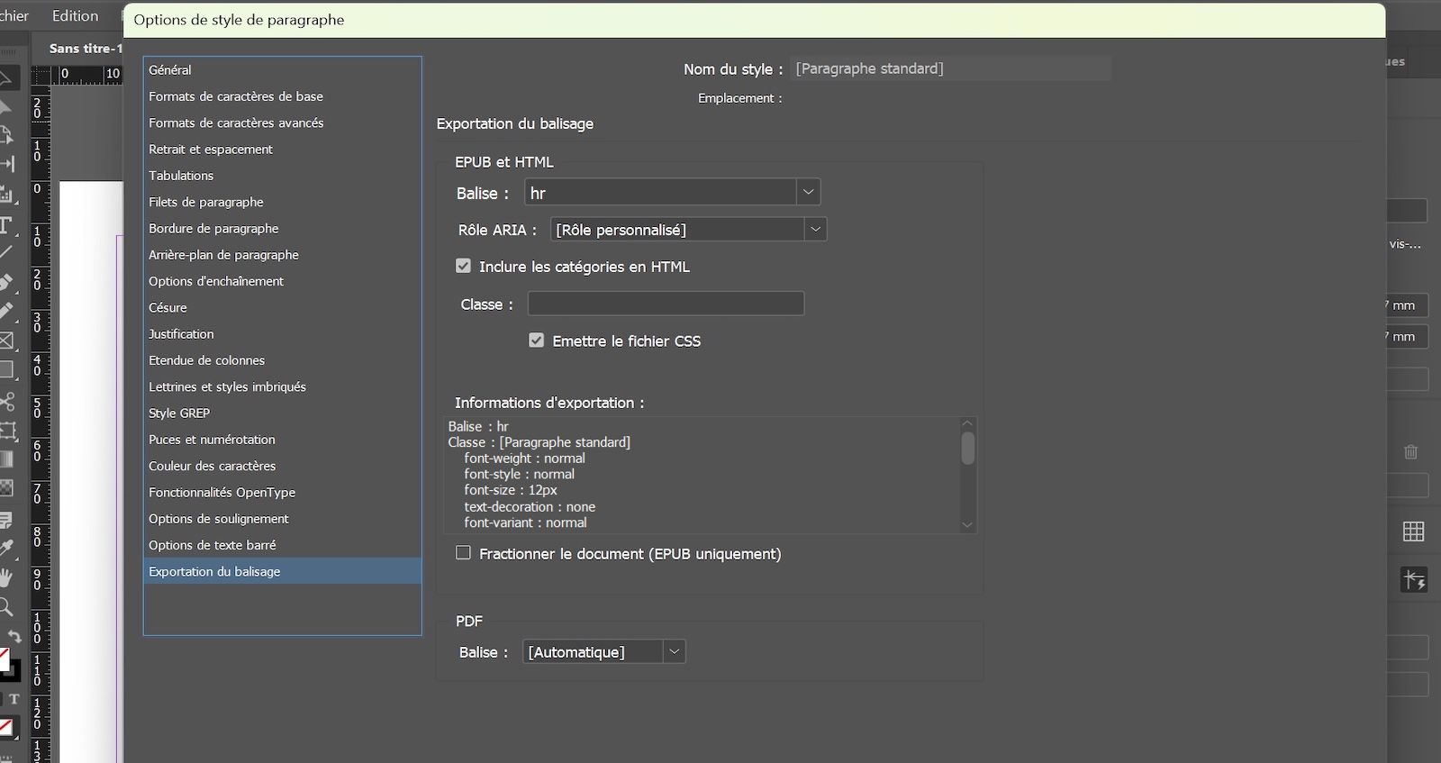 Boîte de dialogue Options de style de paragraphe, affichant l’onglet Exportation du balisage avec hr sélectionné dans le champ Balise sous la section EPUB et HTML.