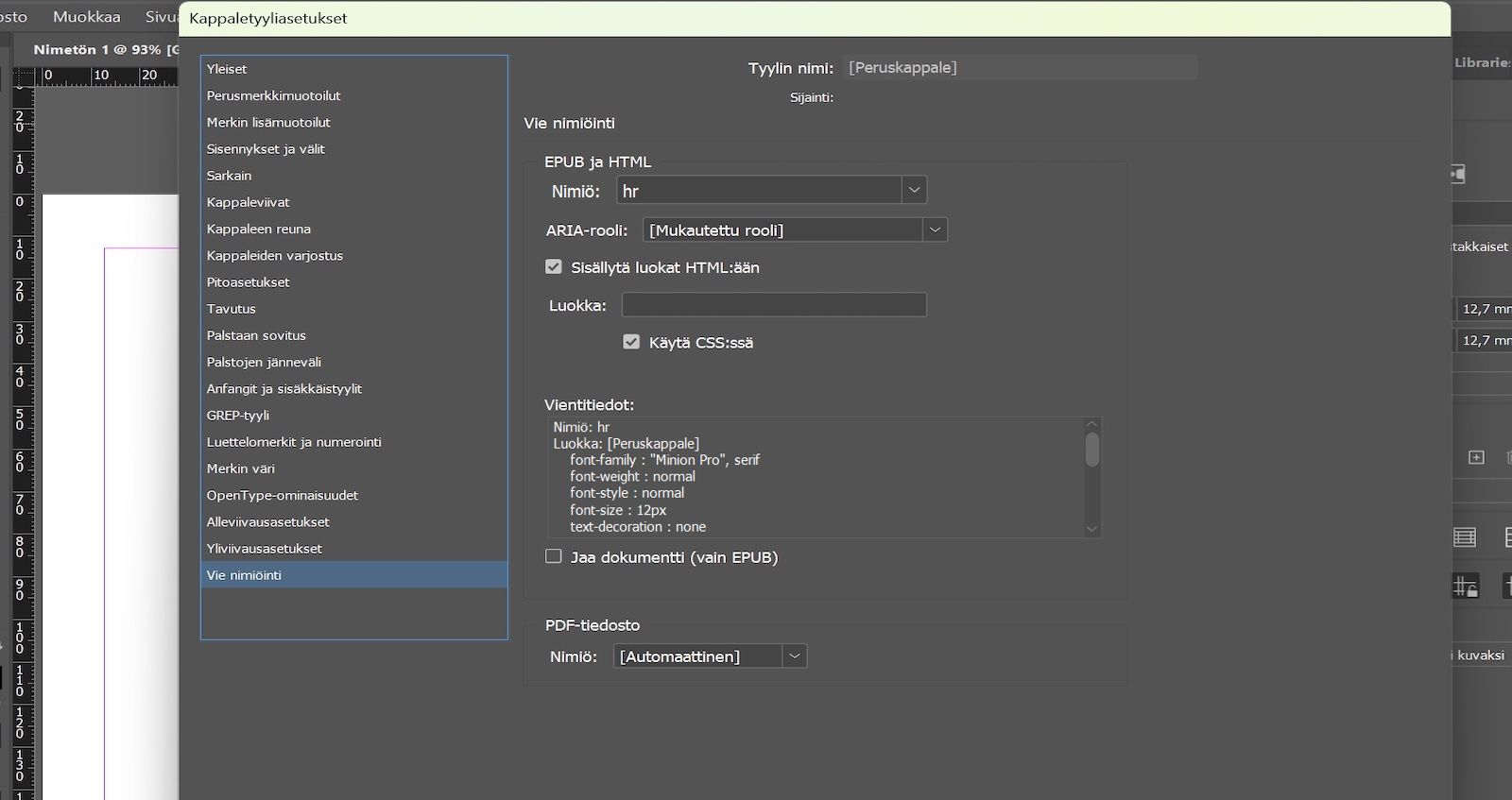 Kappaletyyli-valintaikkuna, jossa näkyy Viennin tunnisteet -välilehti ja EPUB ja HTML -kohdan Tunniste-kentässä valittuna oleva hr.