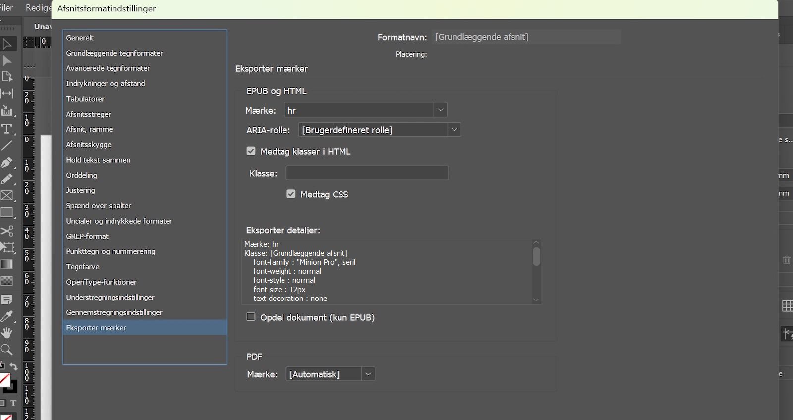 Indstillinger i dialogboksen Afsnitstype, der viser fanen Eksportmærker med hr valgt i feltet Mærke i sektionen EPUB og HTML.