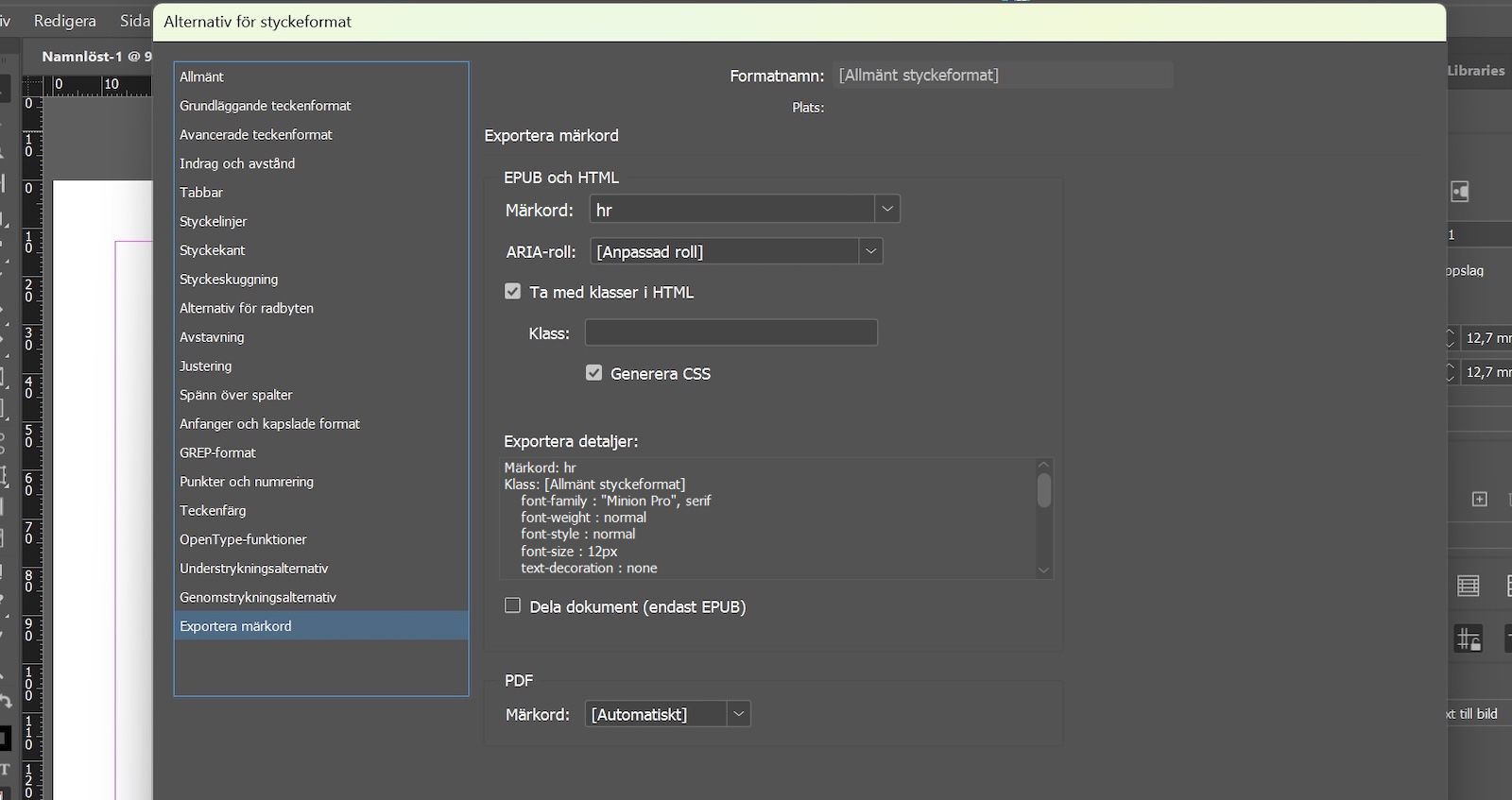 Dialogrutan Alternativ för styckeformat, som visar fliken export Tagging med hr valt i fältet Tag under avsnittet EPUB and HTML.