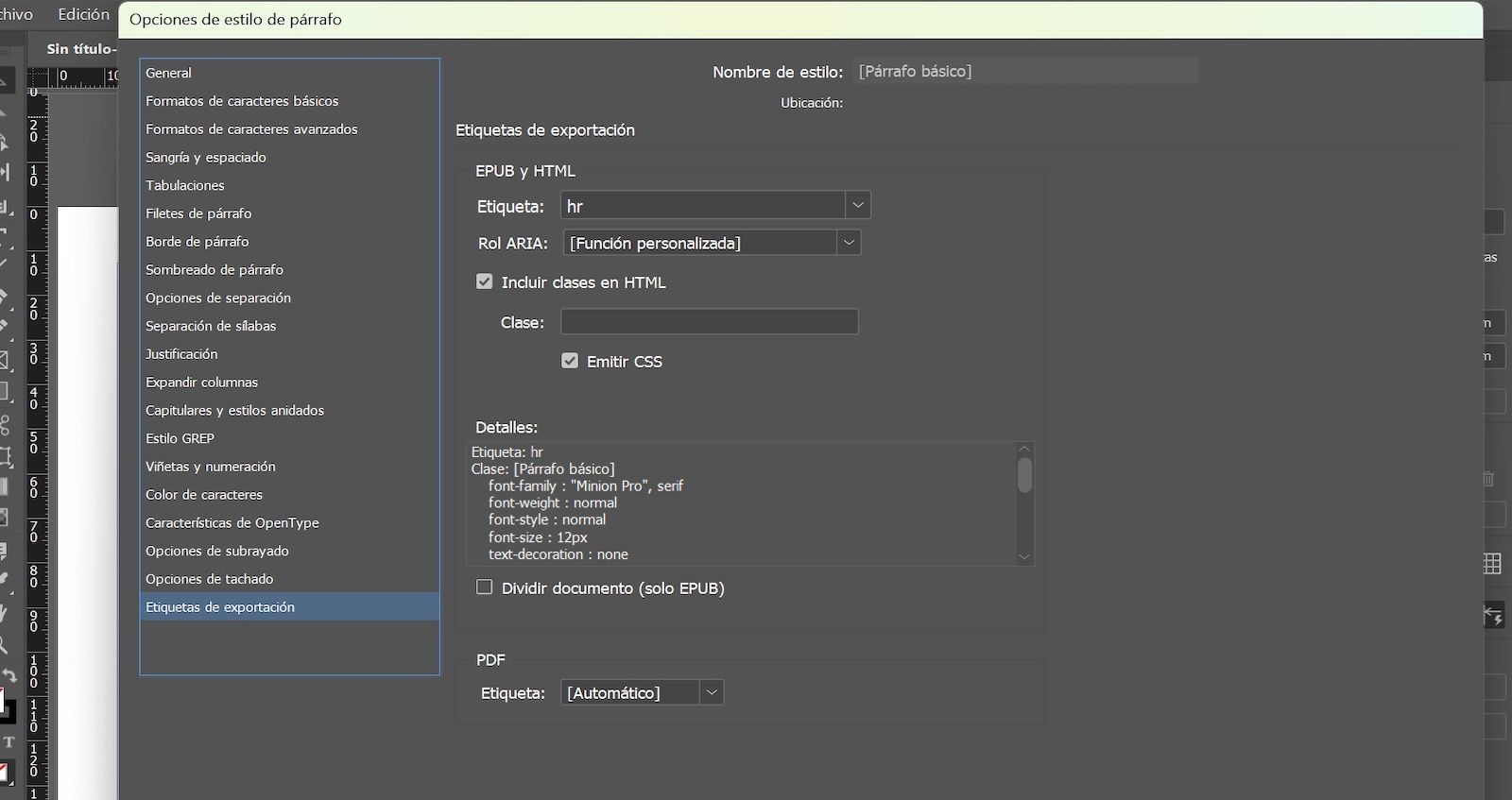 Cuadro de diálogo Opciones de Estilo de párrafo, que muestra la pestaña Etiquetado de exportación con hr seleccionado en el campo Etiqueta en la sección EPUB y HTML.