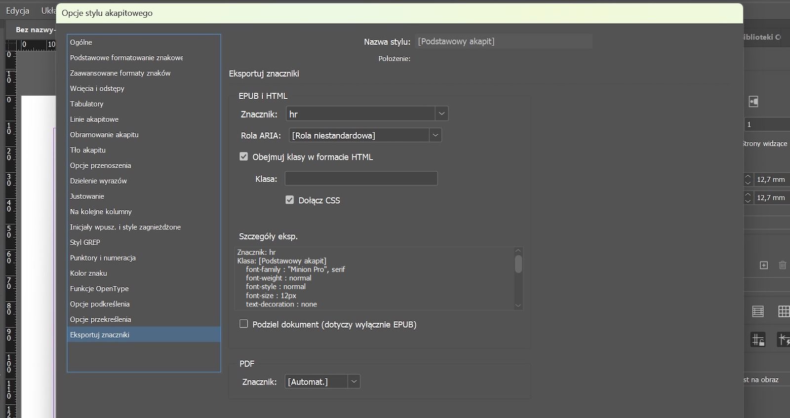 Okno dialogowe options Styl akapitu z kartą Tagowanie eksportu, na której w polu Tag w sekcji EPUB i HTML wybrano hr.