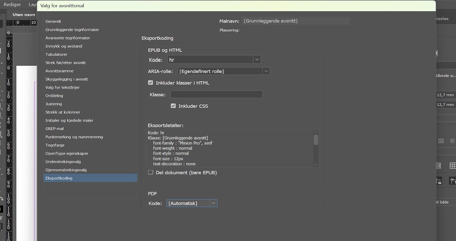 Dialogboksen Avsnittstil options, som viser fanen Eksporttagging med hr valgt i Tag-feltet under EPUB og HTML-delen.